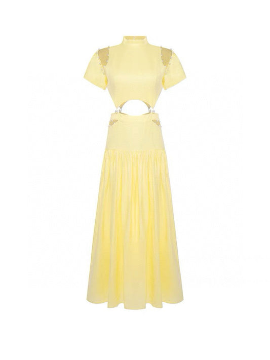 Pearl Cutout High-Neck Puff Sleeve Linen Dress