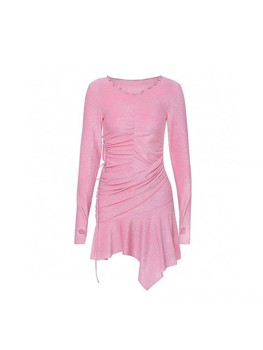 Pink Knit Square Rhinestone Drawstring Waist Dress