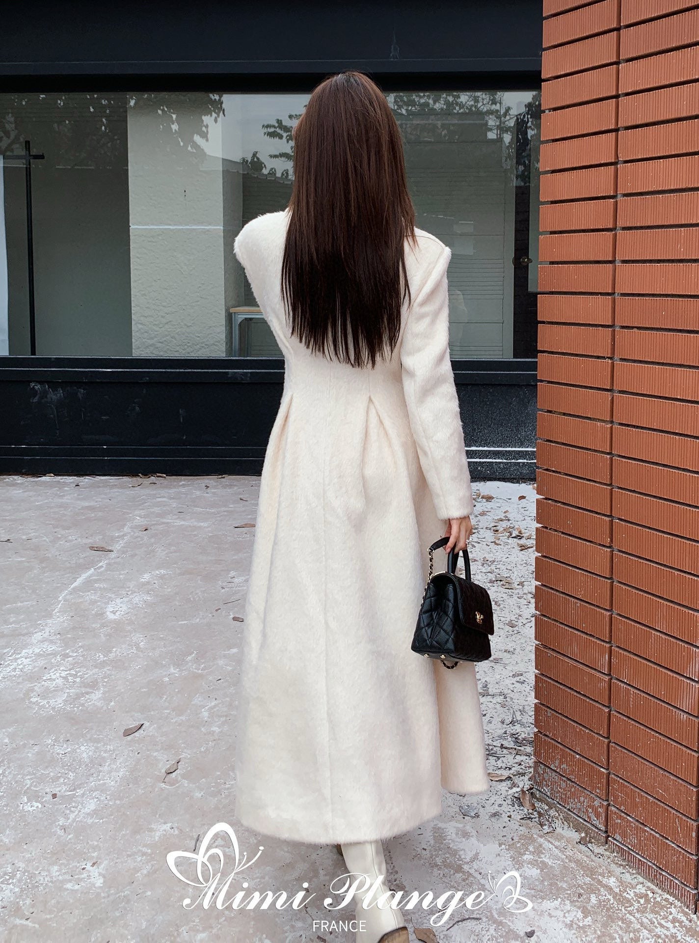White Vintage Lapel Square Rhinestone Waist-Cinched Wool Coat