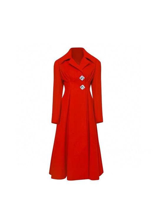 Red Vintage Lapel Square Rhinestone Waist-Cinched Wool Coat