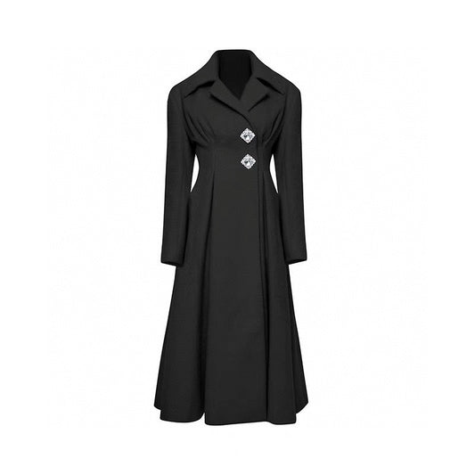 Black Vintage Lapel Square Rhinestone Waist-Cinched Wool Coat