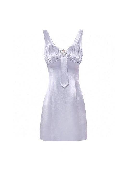 Pleated Gemstone Ribbon Acetate Slip Dress