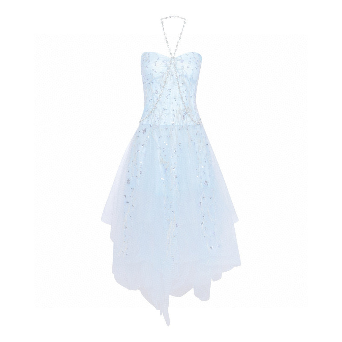 Embroidered Feather Tassel Rhinestone Chain Halter Tulle Dress