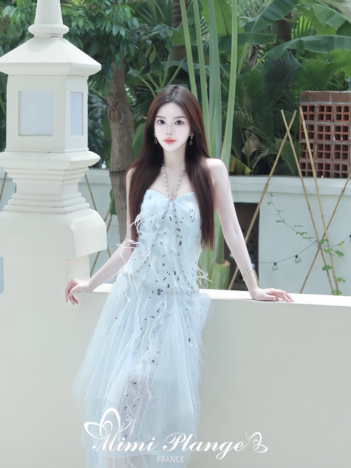 Embroidered Feather Tassel Rhinestone Chain Halter Tulle Dress