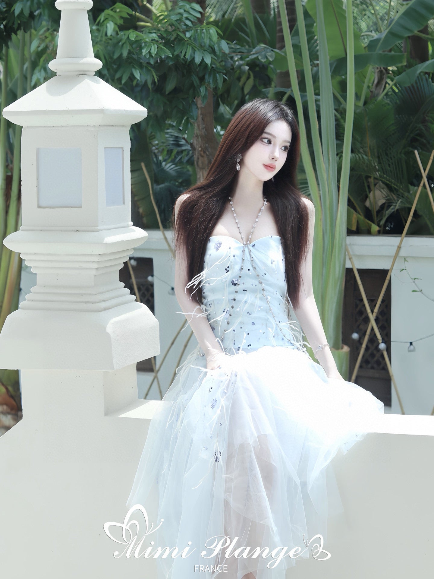Embroidered Feather Tassel Rhinestone Chain Halter Tulle Dress