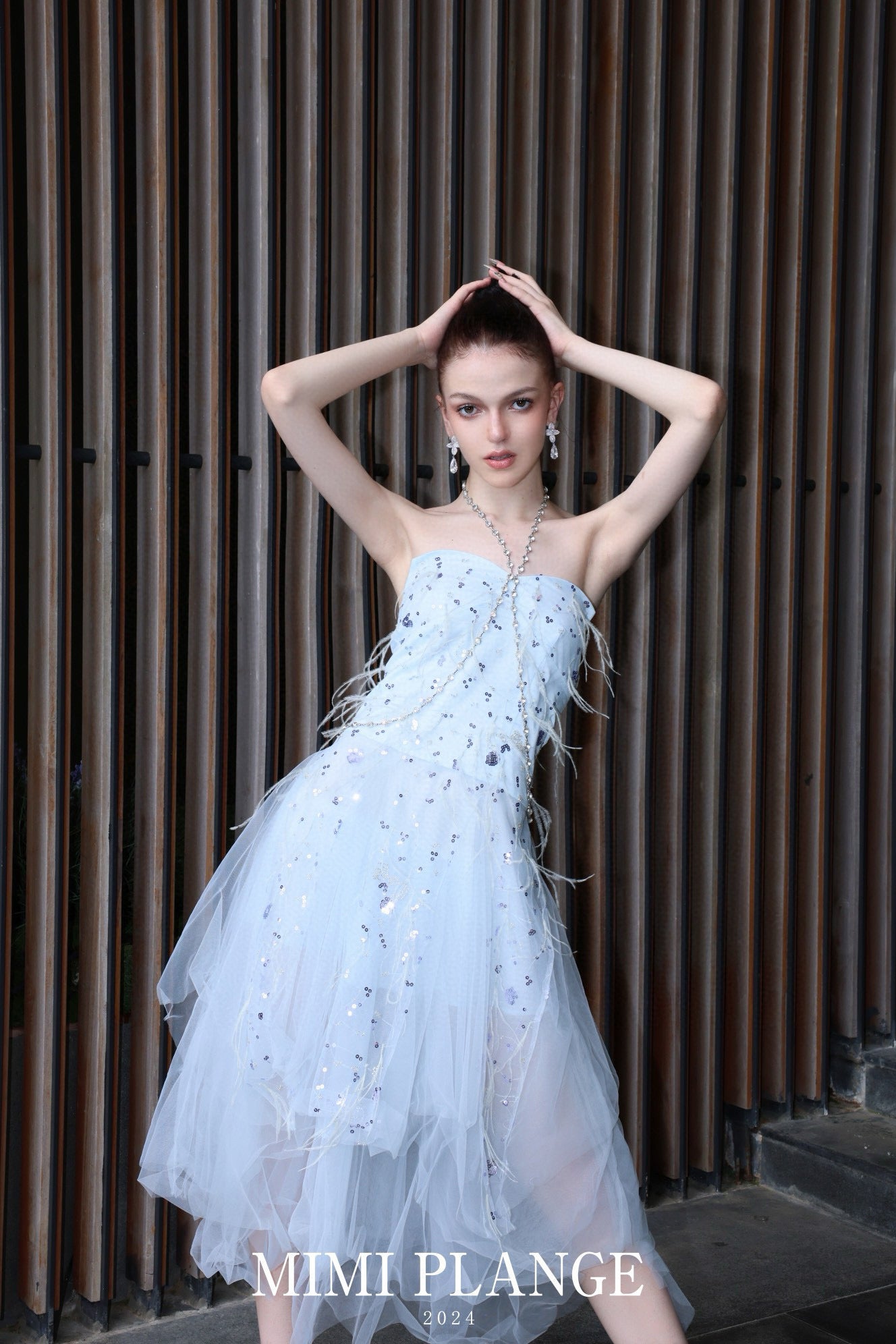 Embroidered Feather Tassel Rhinestone Chain Halter Tulle Dress