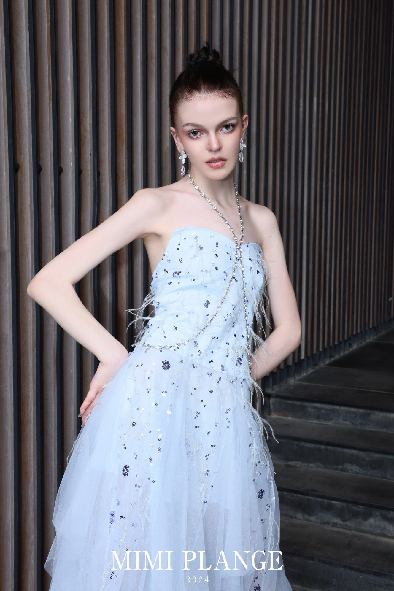 Embroidered Feather Tassel Rhinestone Chain Halter Tulle Dress