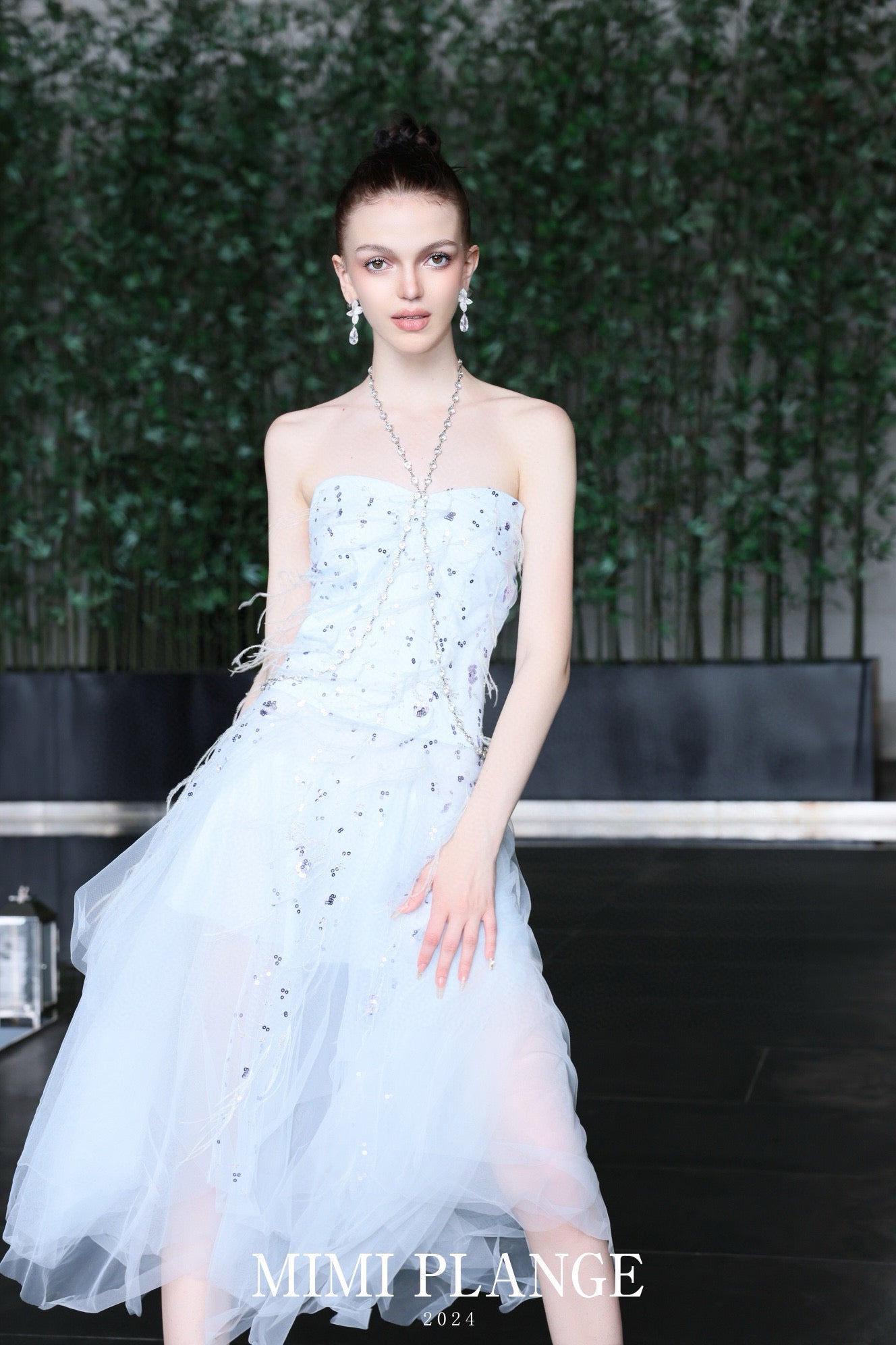 Embroidered Feather Tassel Rhinestone Chain Halter Tulle Dress