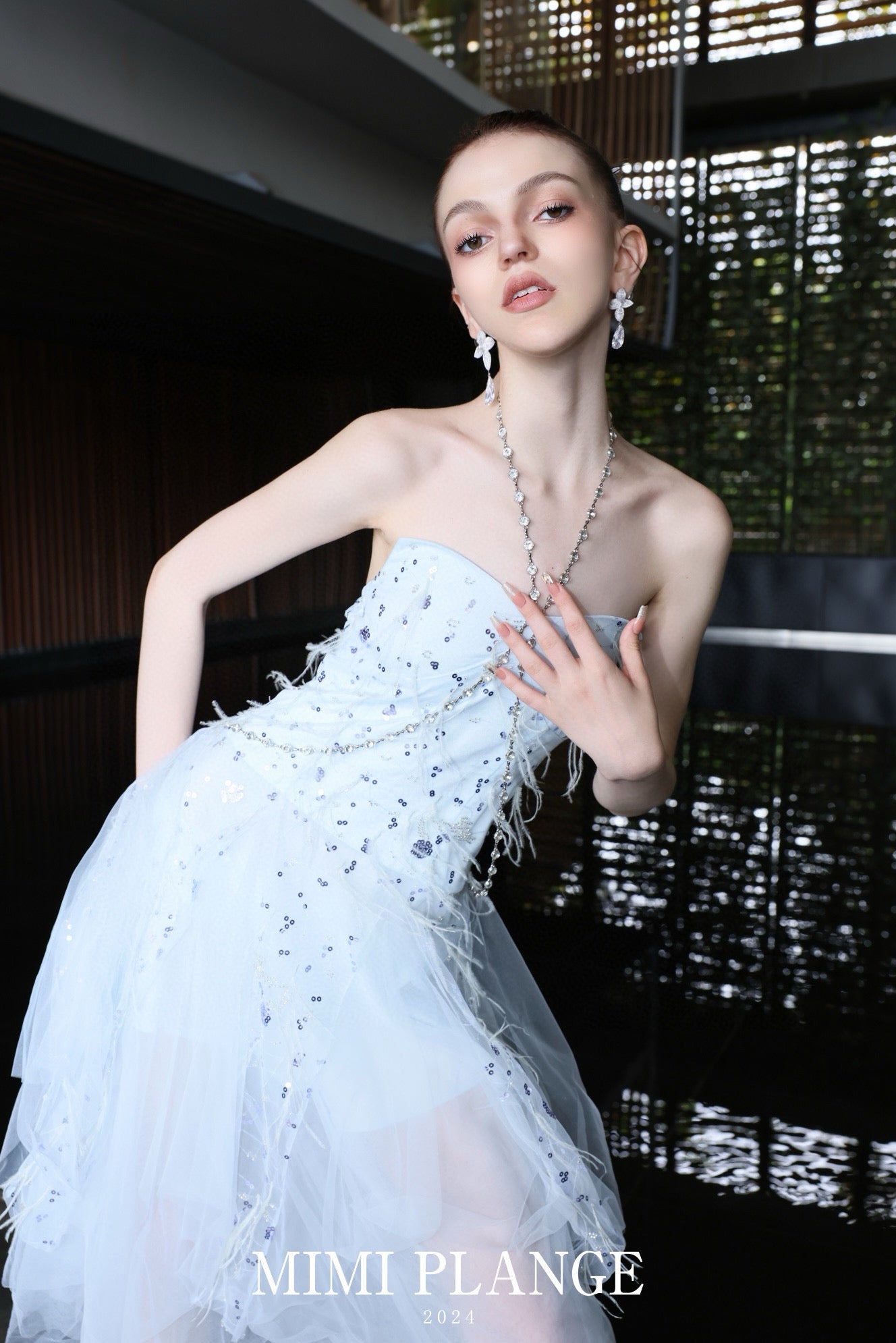 Embroidered Feather Tassel Rhinestone Chain Halter Tulle Dress