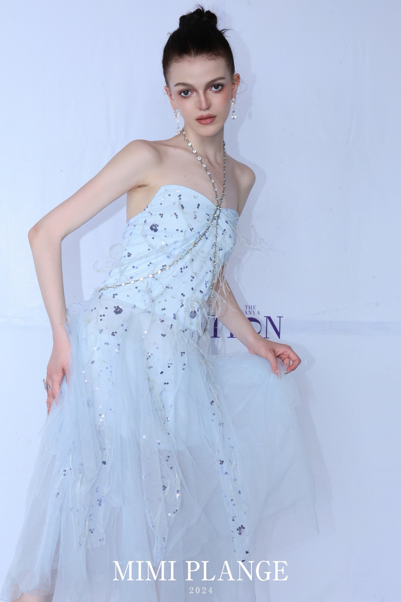 Embroidered Feather Tassel Rhinestone Chain Halter Tulle Dress