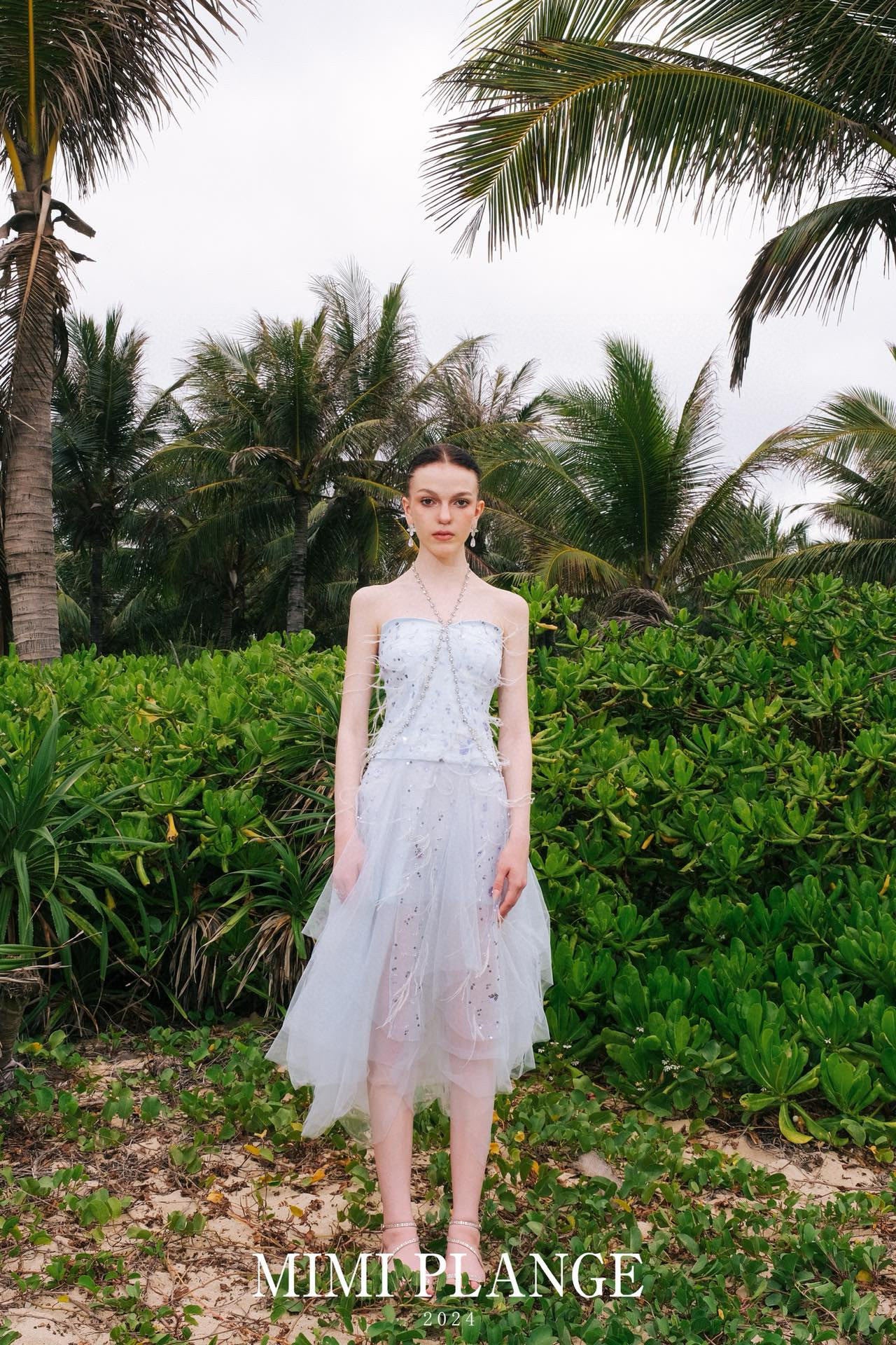 Embroidered Feather Tassel Rhinestone Chain Halter Tulle Dress