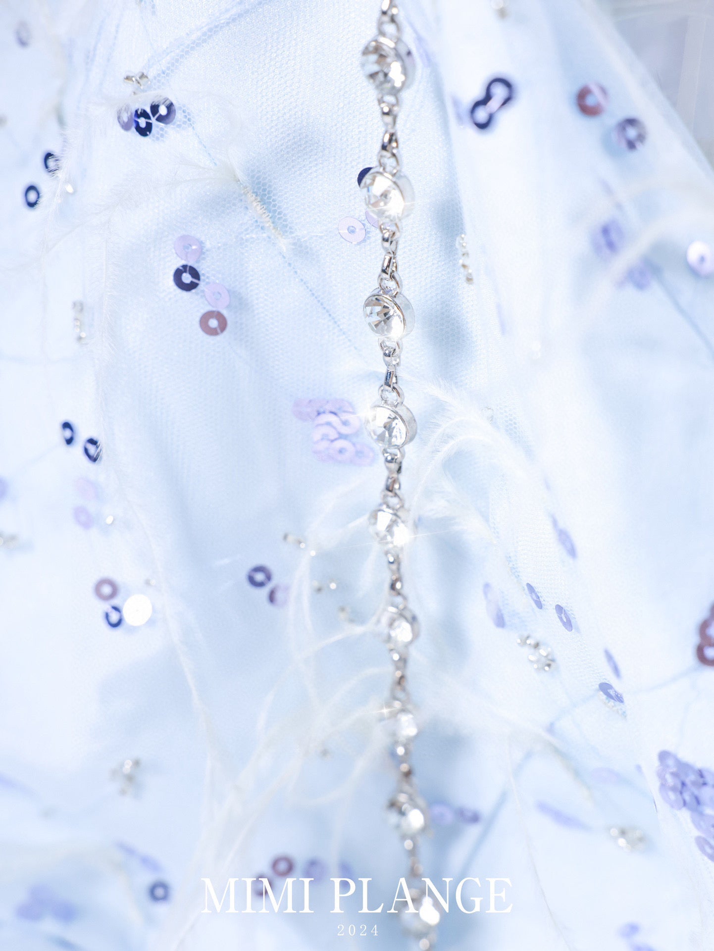 Embroidered Feather Tassel Rhinestone Chain Halter Tulle Dress