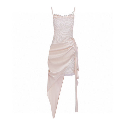 Rhinestone Beaded Ruched Satin Slip Dress