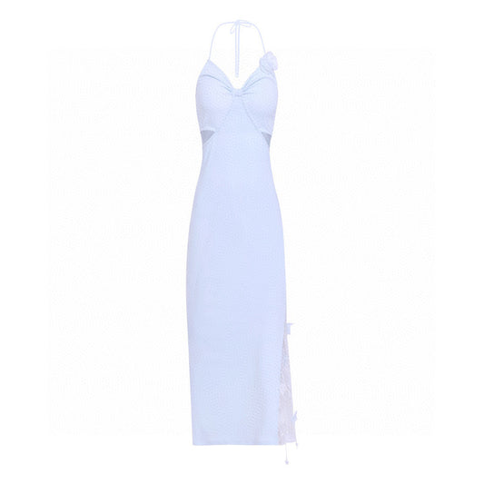 3D Floral Halter V-Neck Tassel Slit Dress