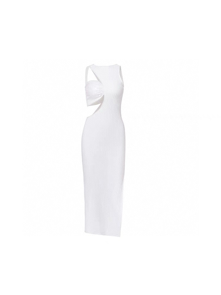 White Asymmetrical Mermaid Sequin Cutout Knit Dress