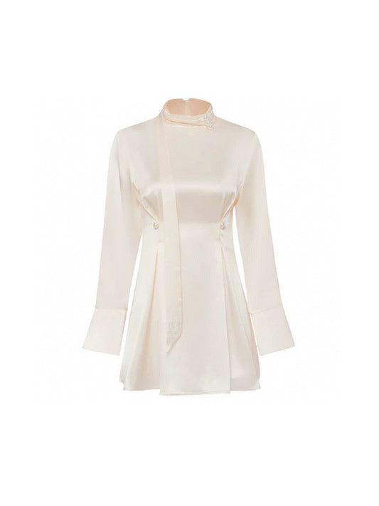 High-Neck Ribbon Pleated Rhinestone Acetate Dress