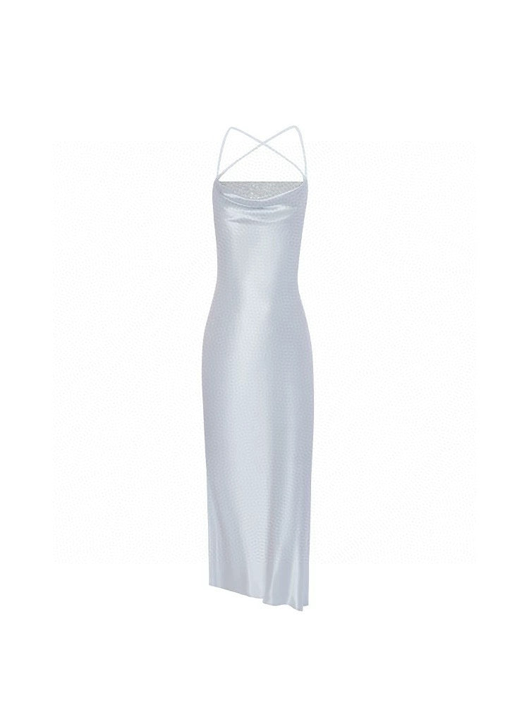 Acetate Shimmer Cross-Strap Ruched Embroidered Slip Dress