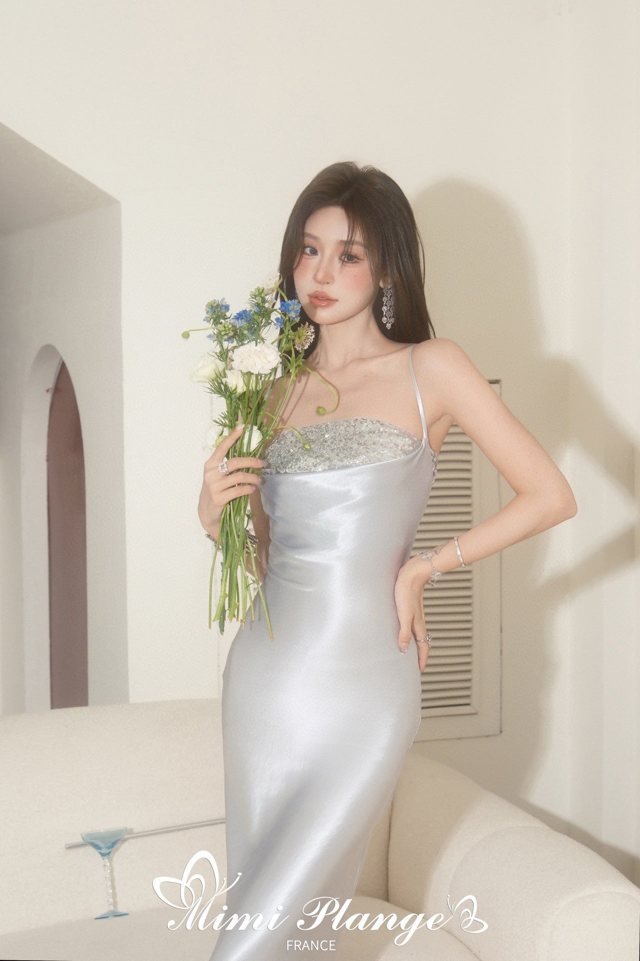 Acetate Shimmer Cross-Strap Ruched Embroidered Slip Dress