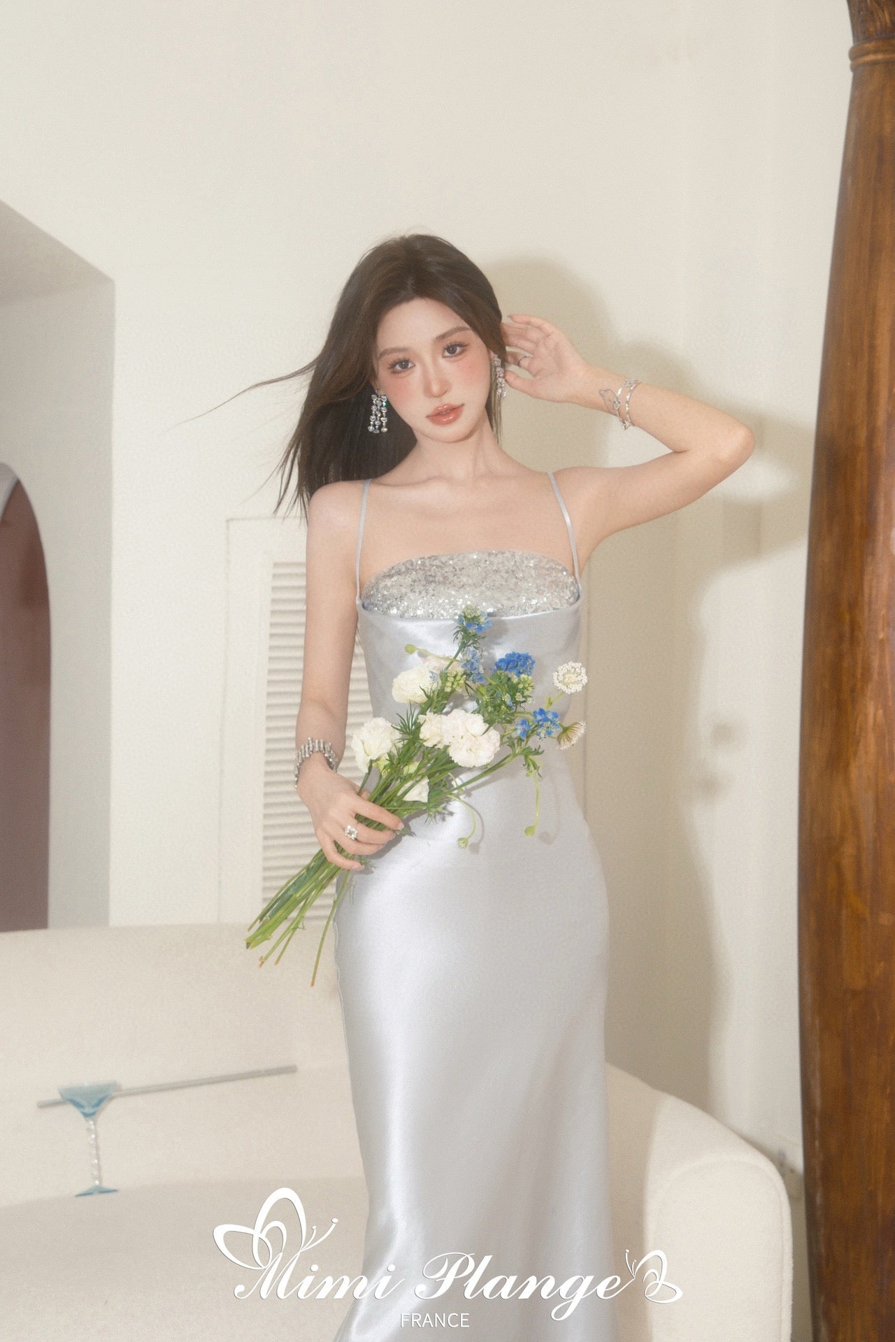 Acetate Shimmer Cross-Strap Ruched Embroidered Slip Dress