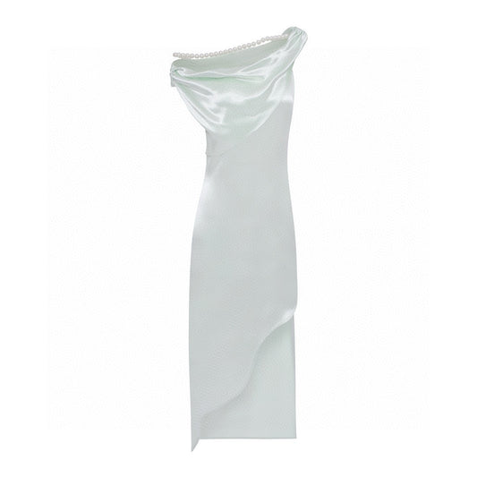 Acetate Asymmetrical Ruched Pearl Slit Cowl Neck Dress