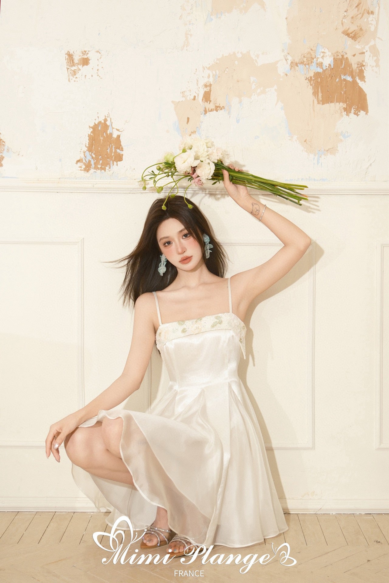 Acetate Waist-Cinched Ruched Shimmer Floral Slip Dress
