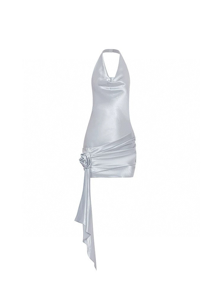 Acetate Halter Layered Ruched Shimmer Floral Ribbon Dress