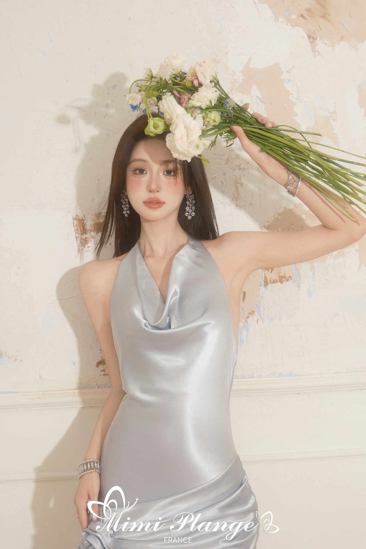 Acetate Halter Layered Ruched Shimmer Floral Ribbon Dress
