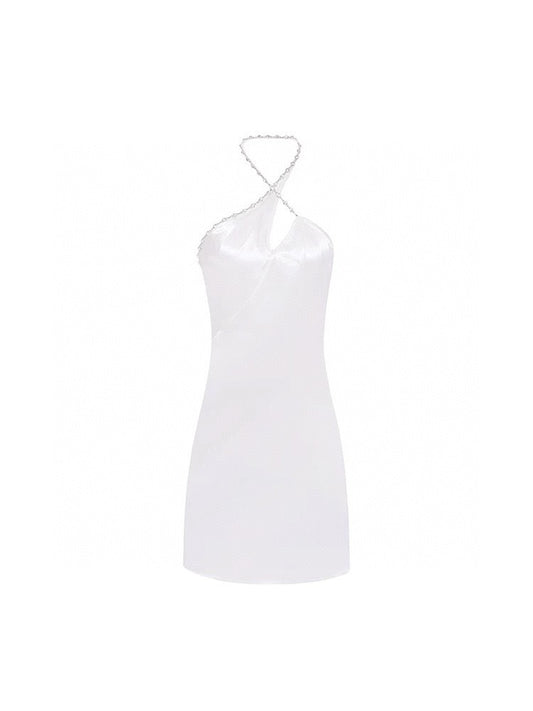 Acetate Halter Rhinestone Asymmetrical Shimmer Dress