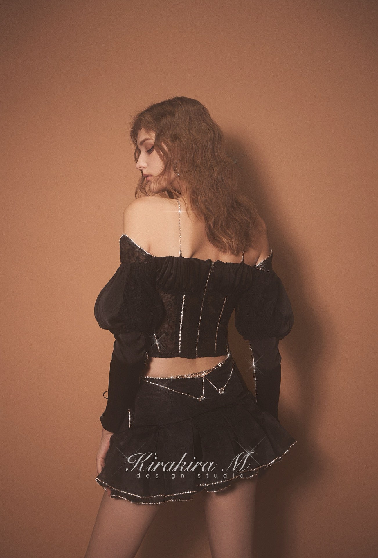 Diamond balck organza pleated Skort
