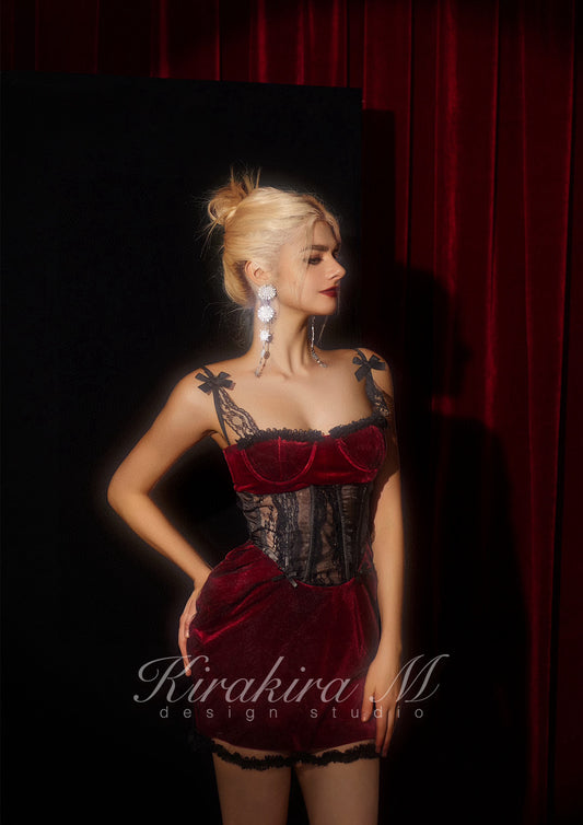 Burgundy Velvet Lace Boned Bubble Strap Dress