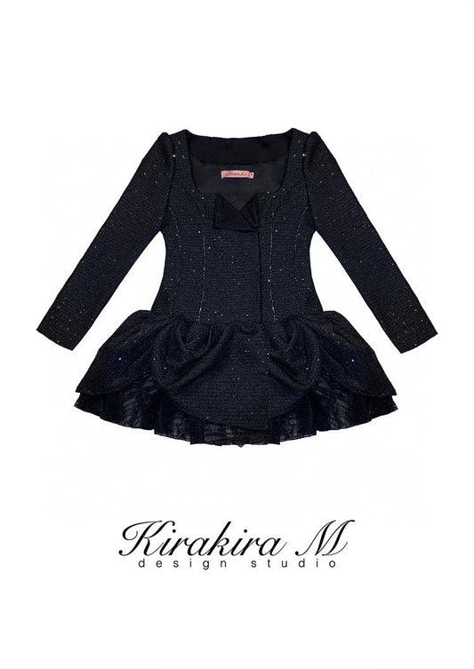 Rhinestone Black Tweed Fitted Lapel Bubble Hem Blazer Dress