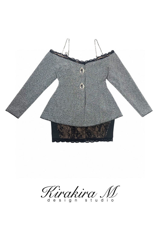 Smoky Gray Shimmer Rhinestone Lace Off-Shoulder Blazer Dress