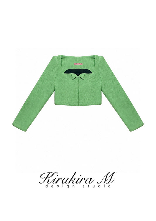 Green Tweed Lapel Short Jacket