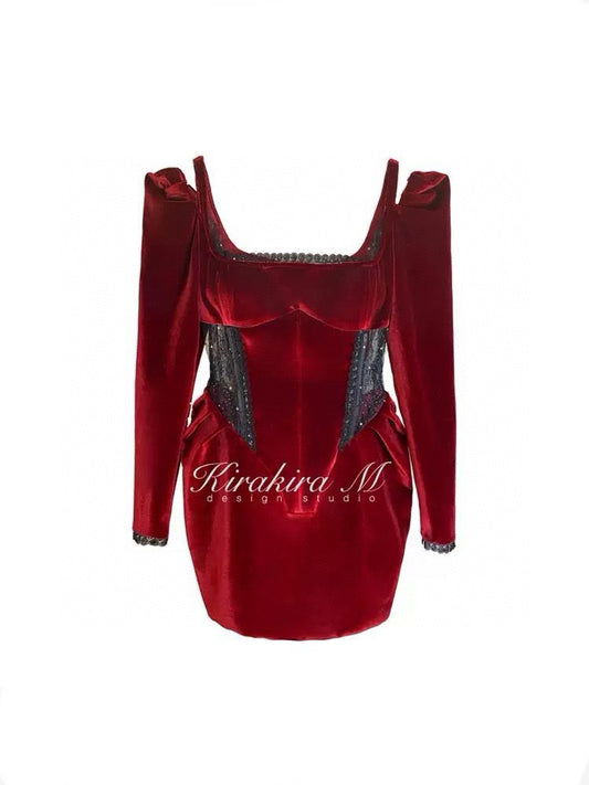 Puff Sleeve Rhinestone Velvet Lace Bubble Dress