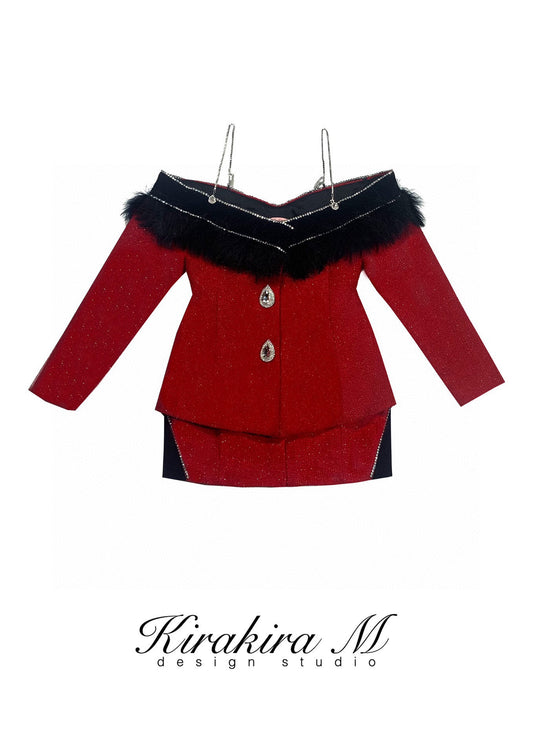 Red Tweed Shimmer Rhinestone Feather Off-Shoulder Blazer Dress