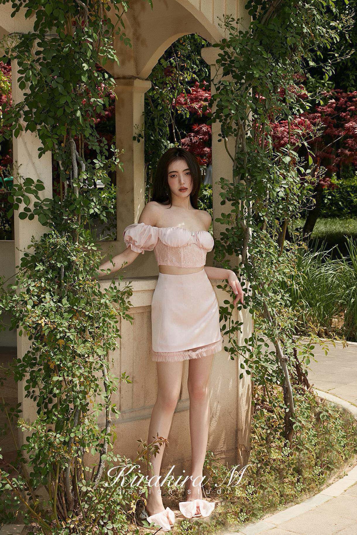 Soft Pink Rhinestone Lace Crop Top