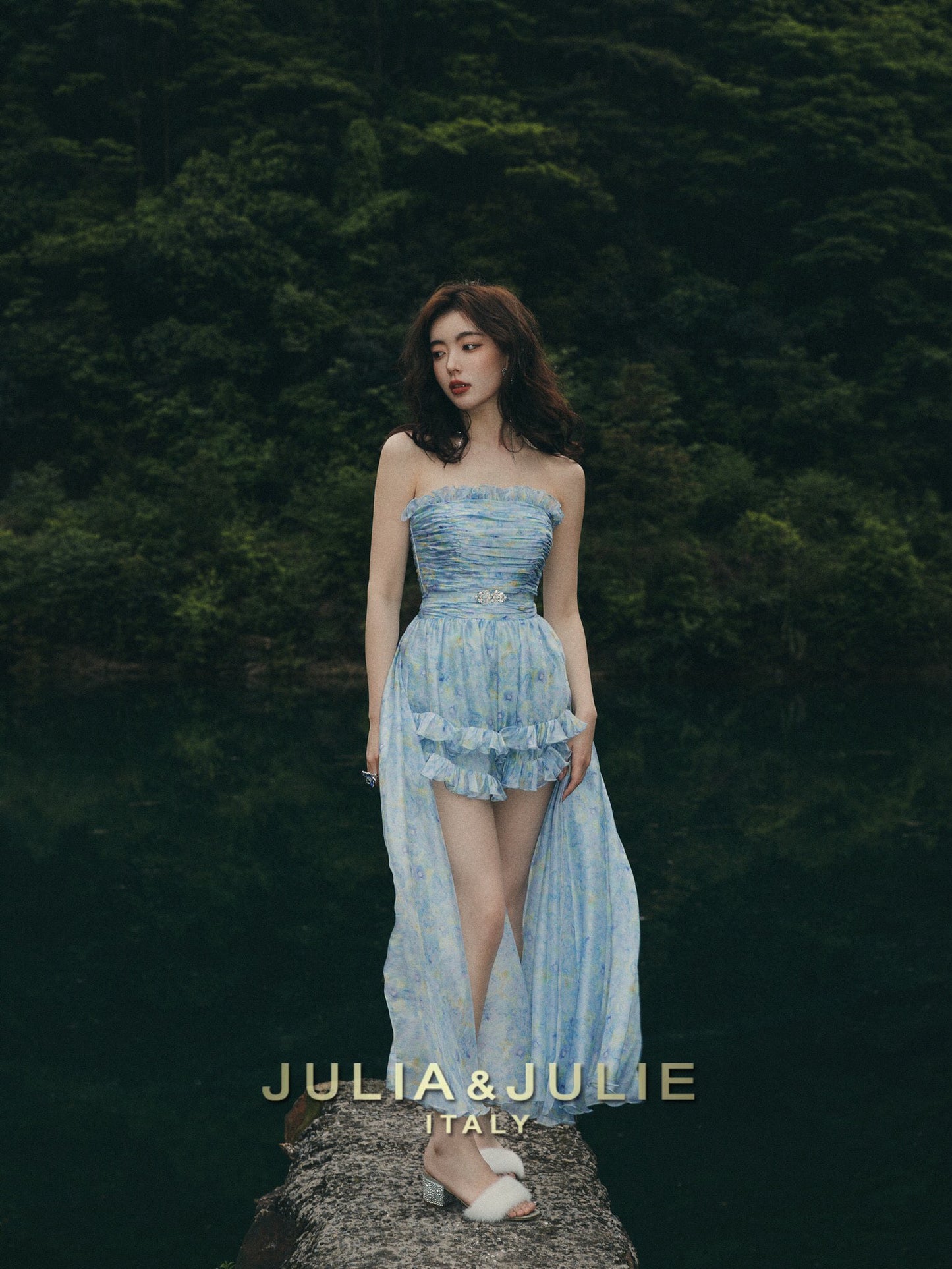 Sea Salt Soda Blue Ombre Print Jumpsuit with Removable Cape Set