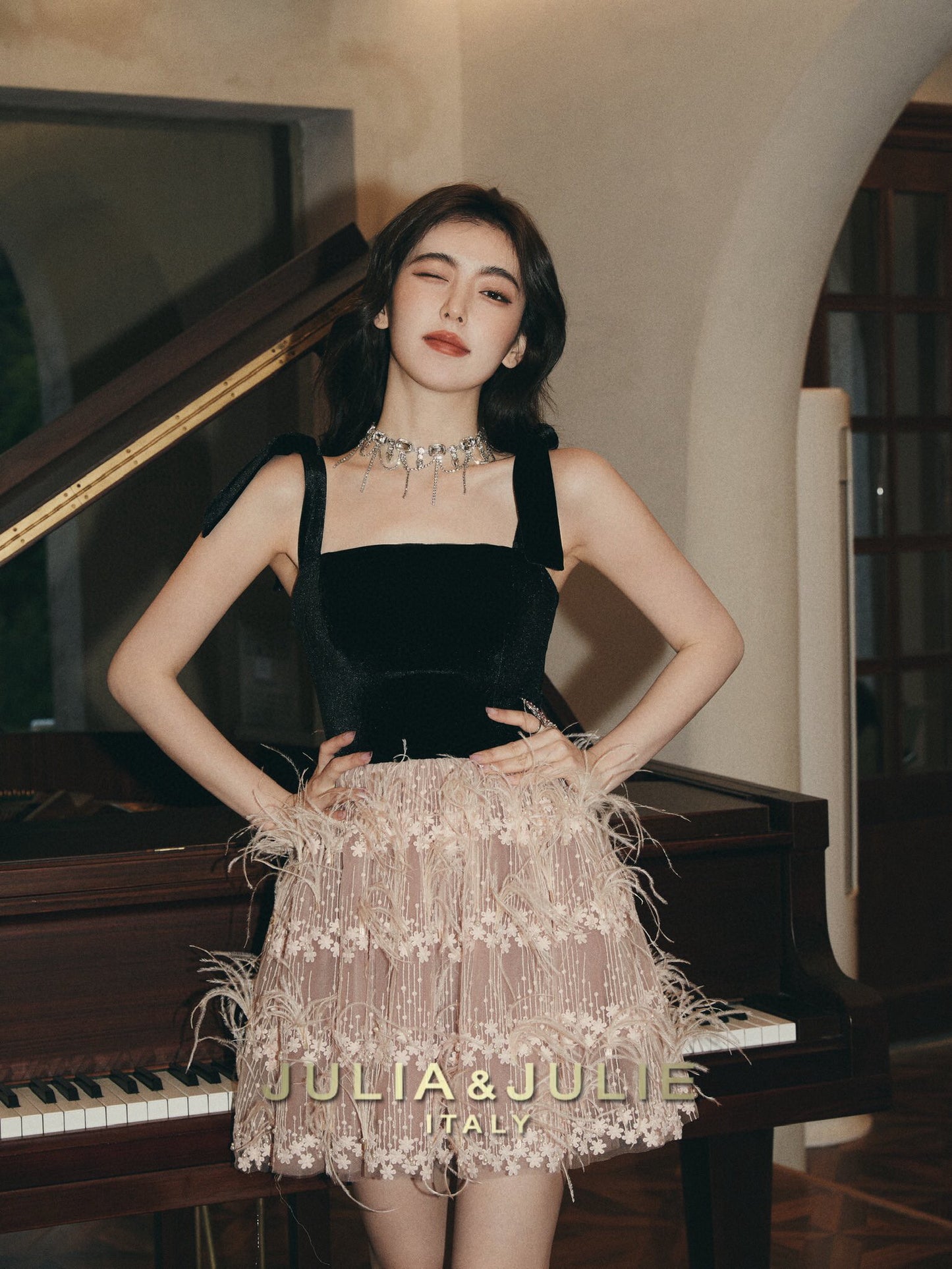 Windsor Romance Black and Pink Ostrich Feather Dress