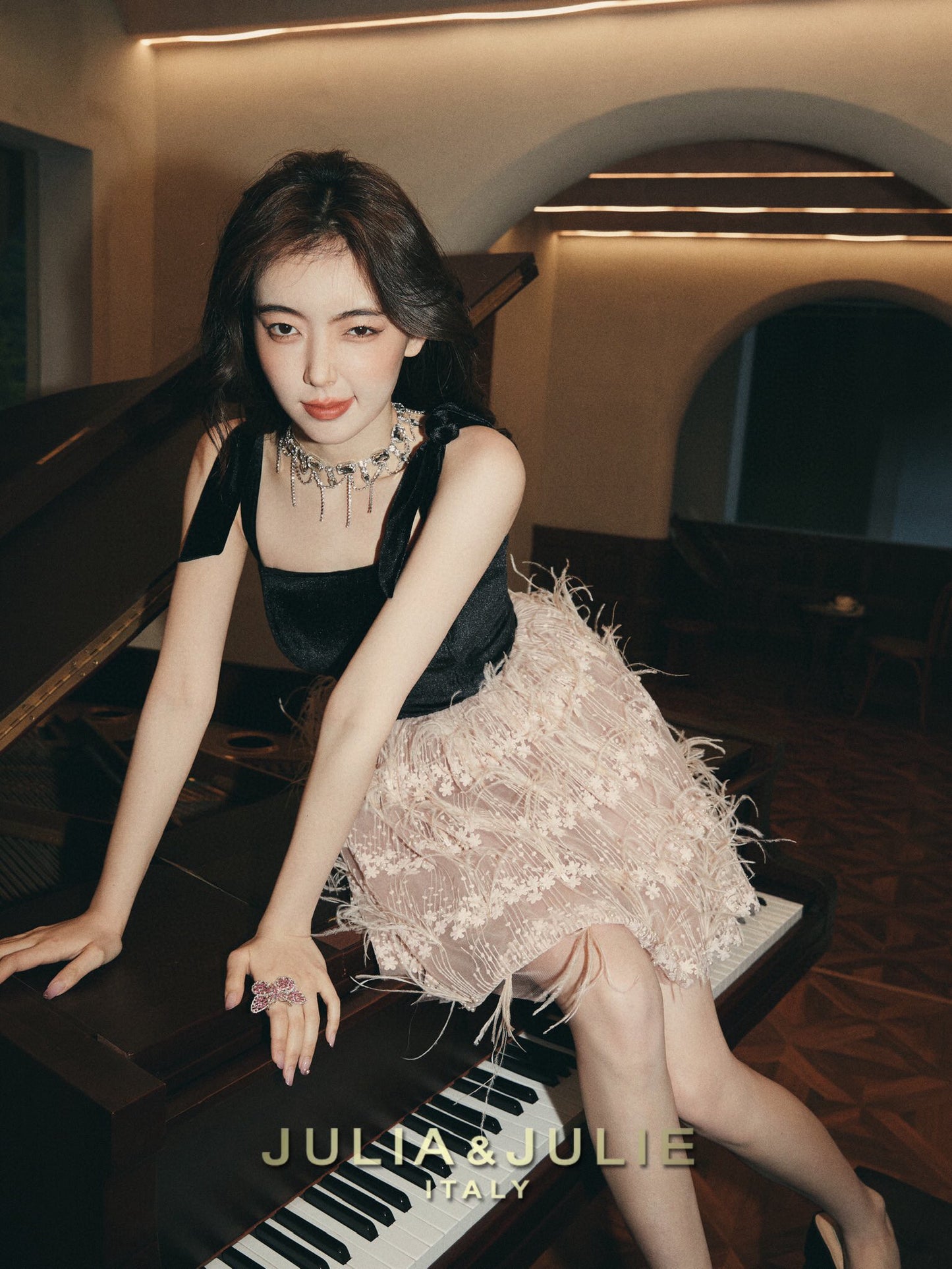 Windsor Romance Black and Pink Ostrich Feather Dress