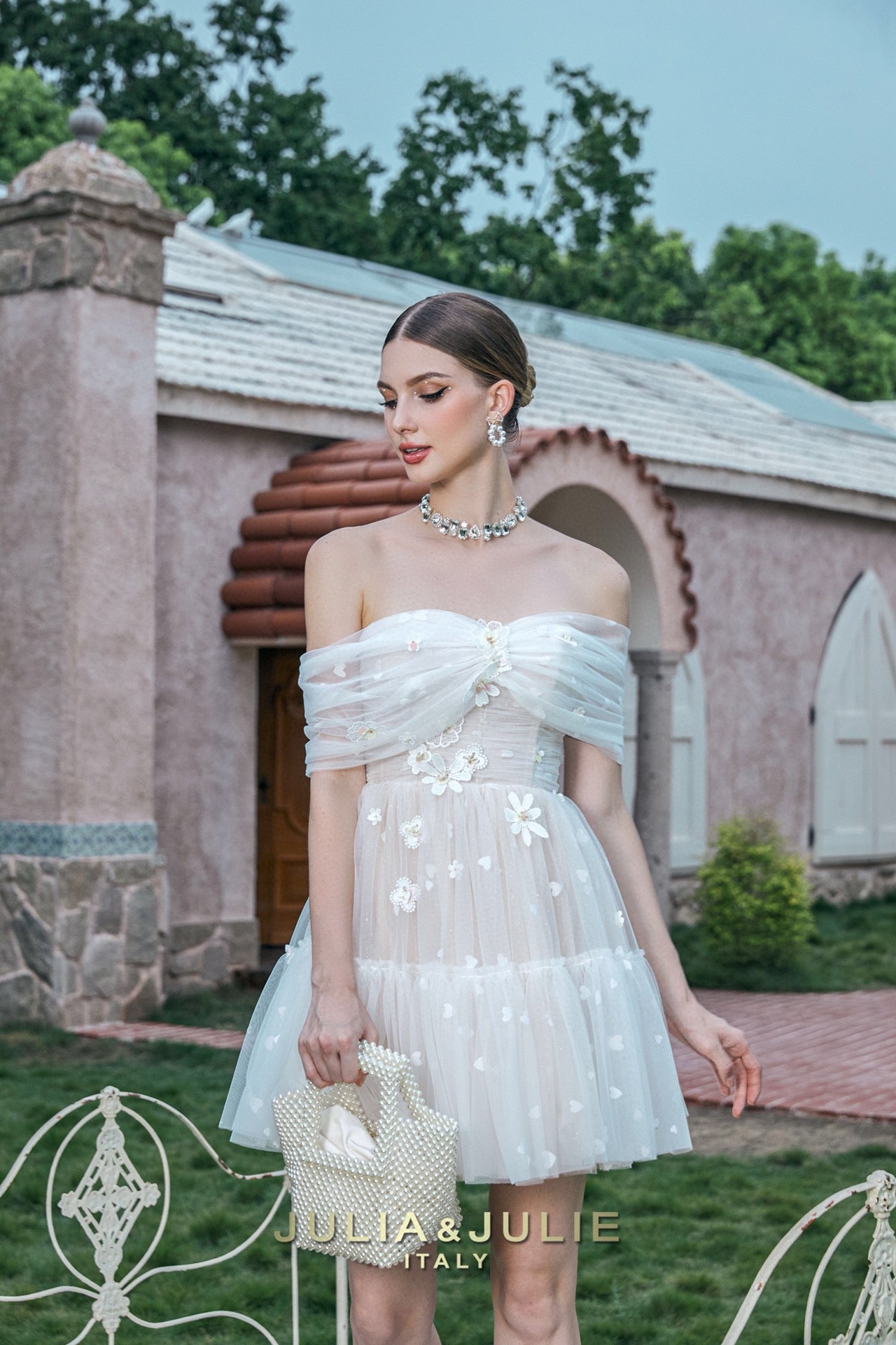 White Camellia 3D Floral Tulle Off-Shoulder Dress