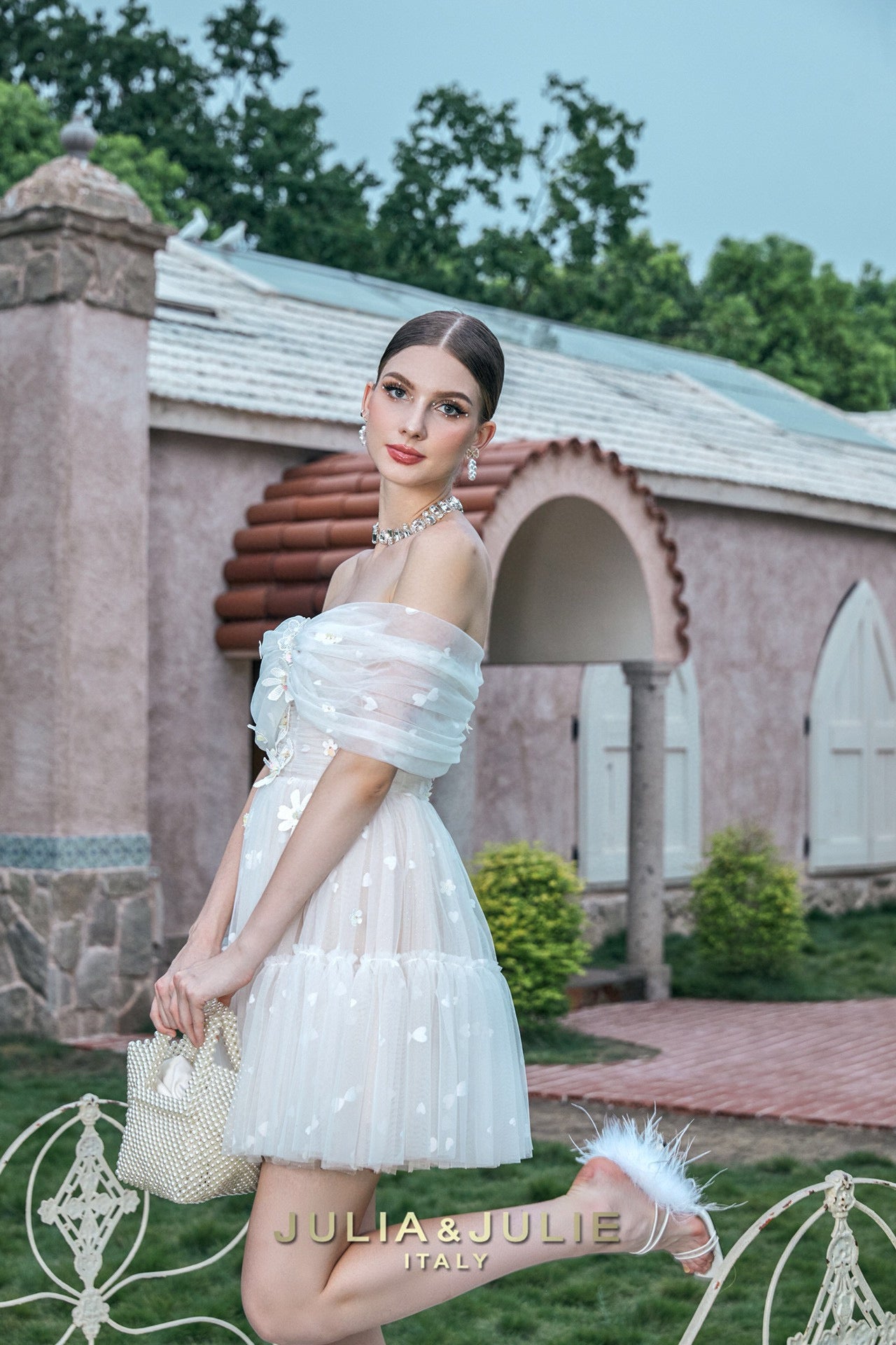 White Camellia 3D Floral Tulle Off-Shoulder Dress