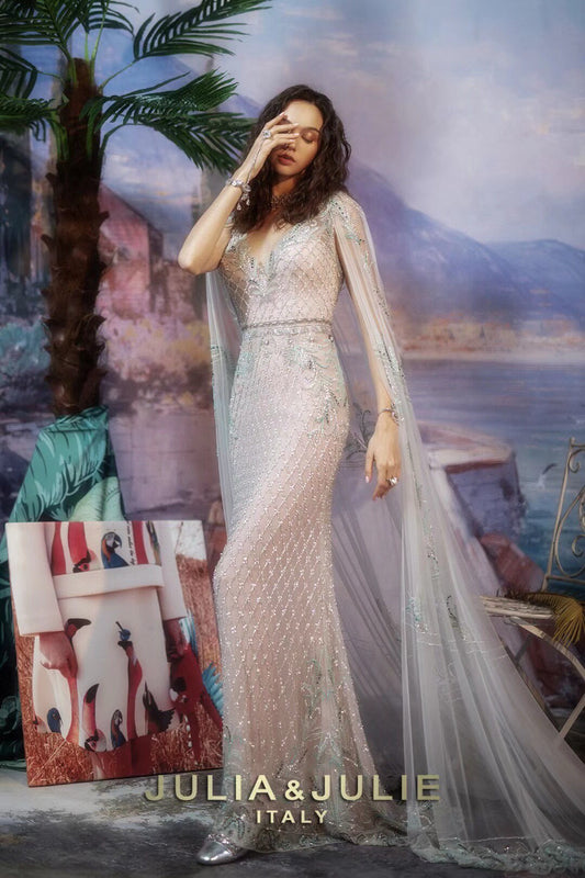 Amber Green Beaded Embroidered Cape Dress