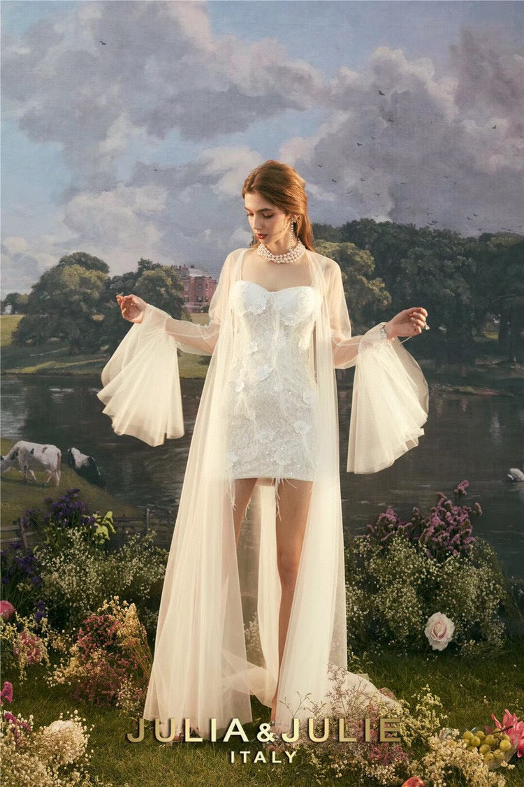 White Floral Lace Ostrich Feather Dress with Tulle Cape Set
