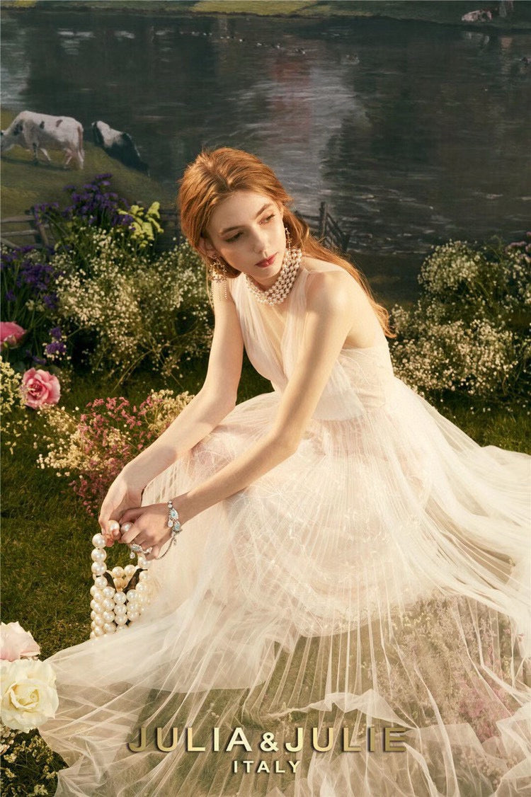 Cream Lace Dress with Pearl Details and V-Neck