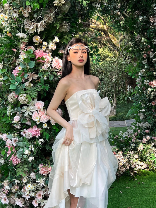 Shimmering White Camellia Bustier with Layered Tulle Skirt Set