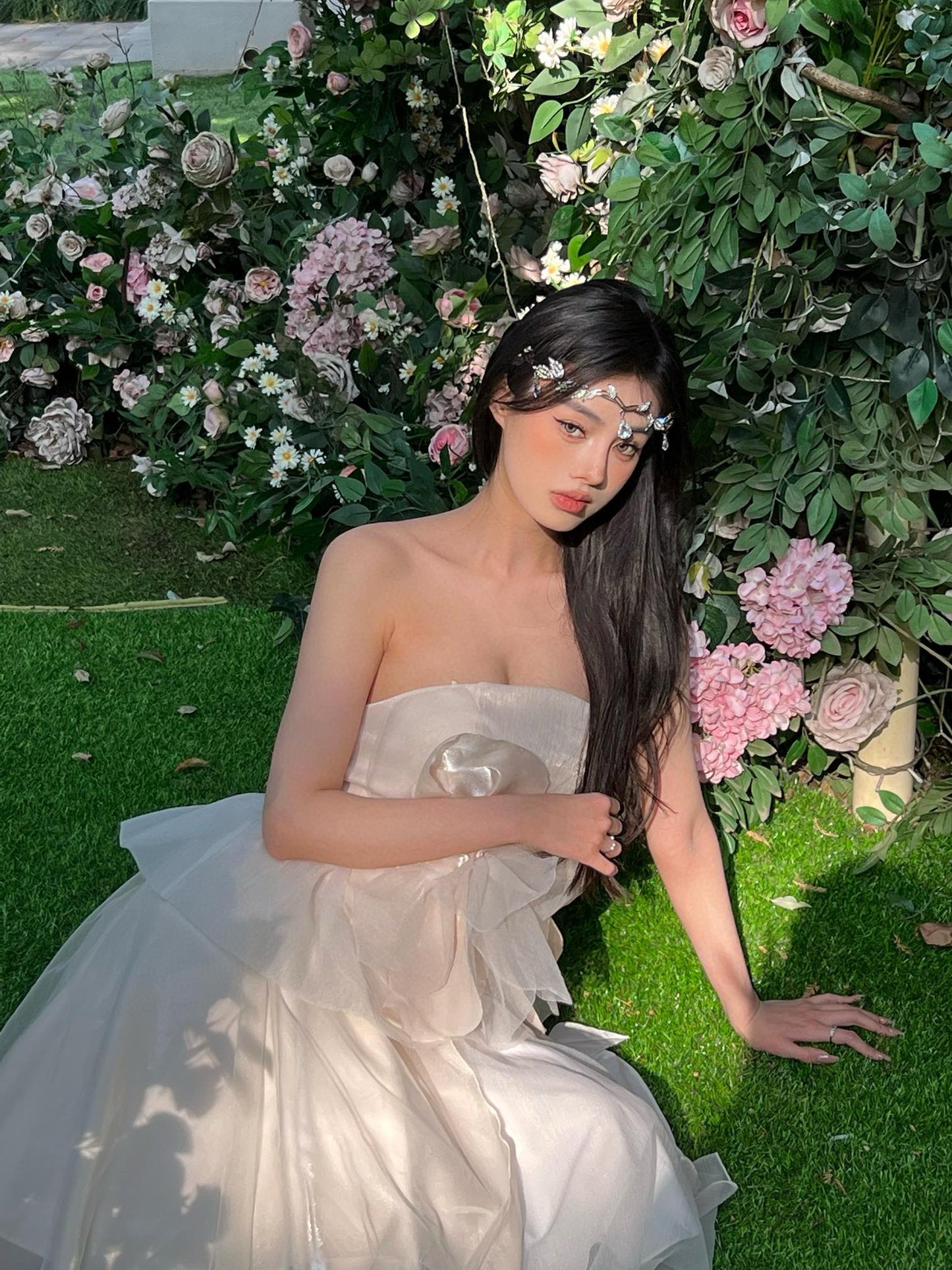 Shimmering White Camellia Bustier with Layered Tulle Skirt Set