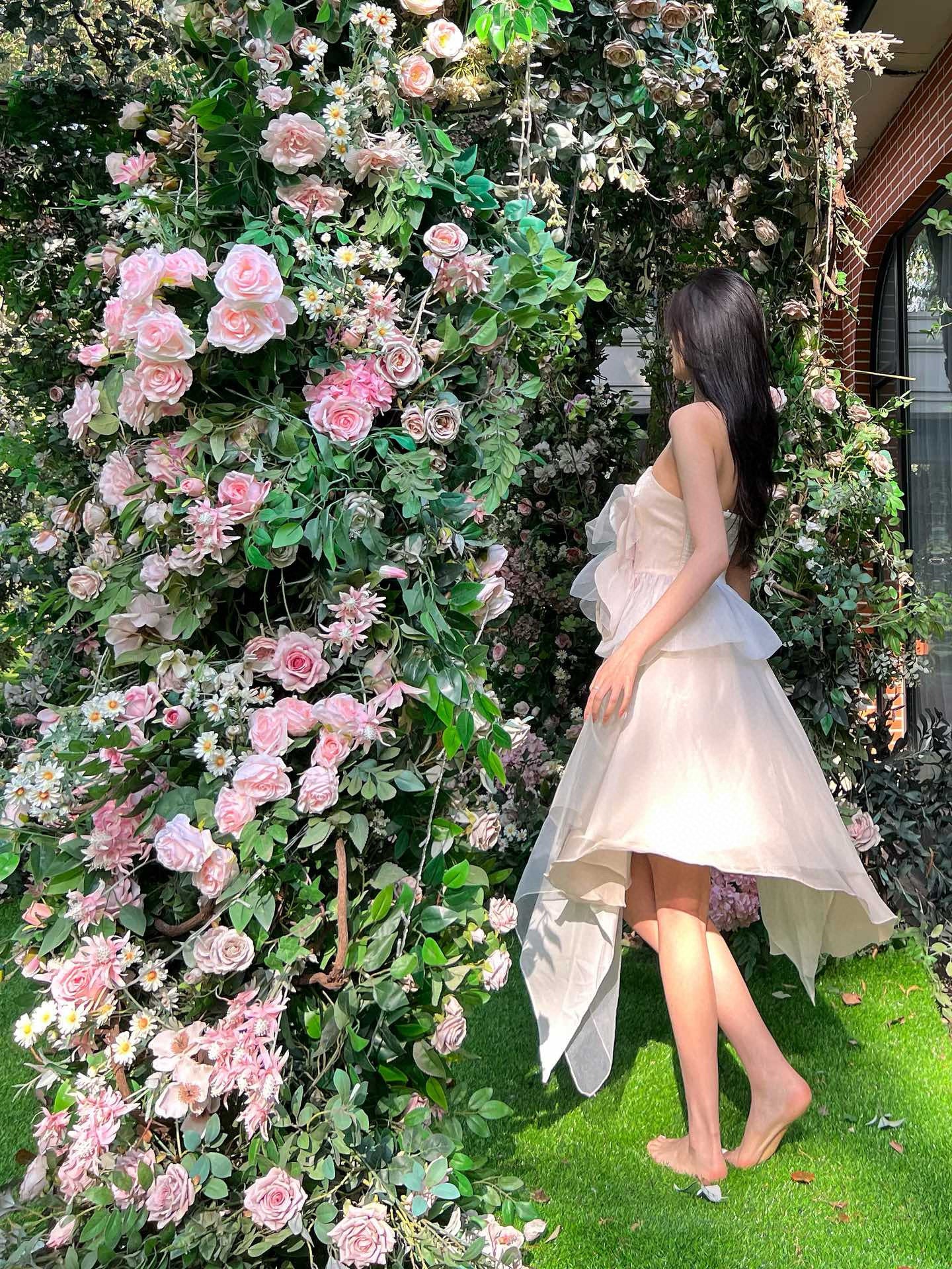Shimmering White Camellia Bustier with Layered Tulle Skirt Set