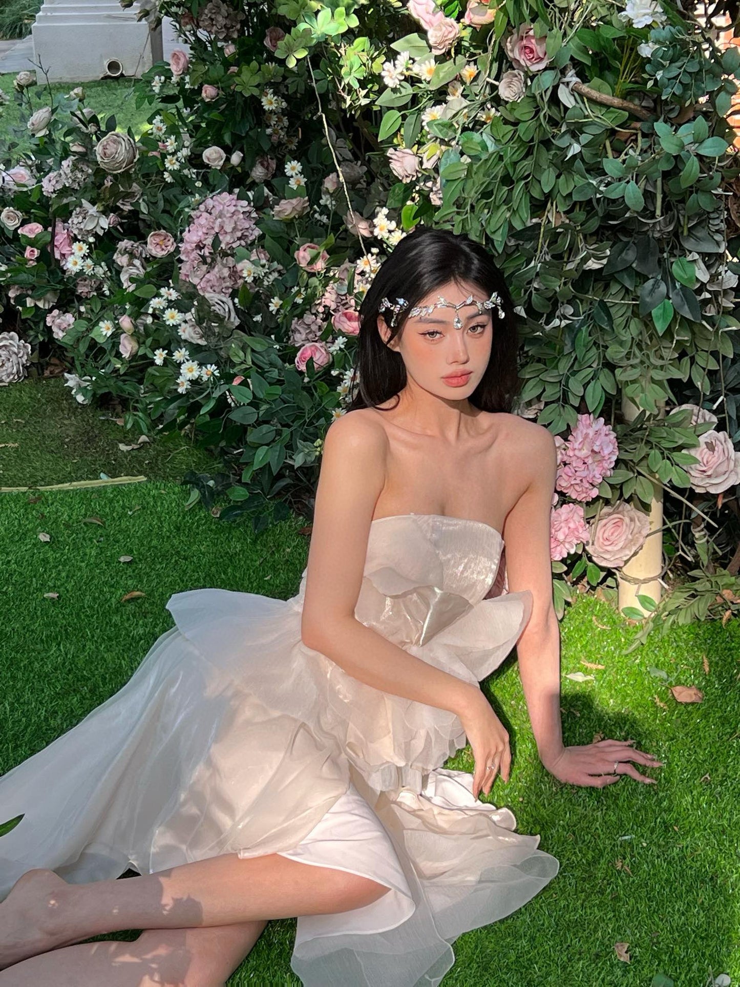 Shimmering White Camellia Bustier with Layered Tulle Skirt Set