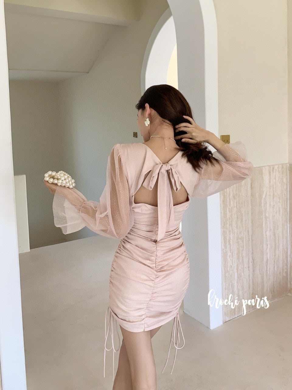 Mesh Puff Sleeve Ruched Bodycon Dress