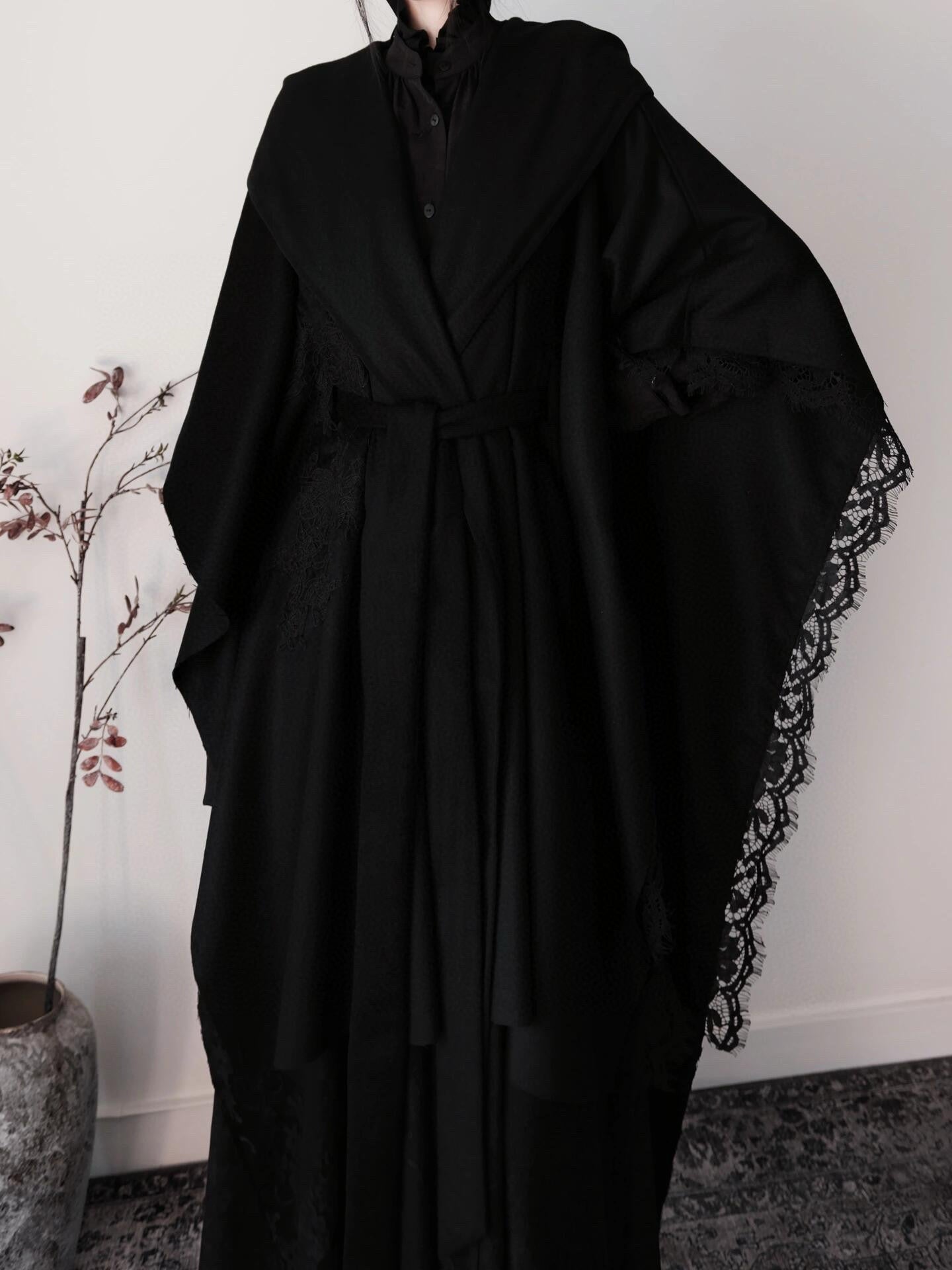Black Wool Hooded Cape